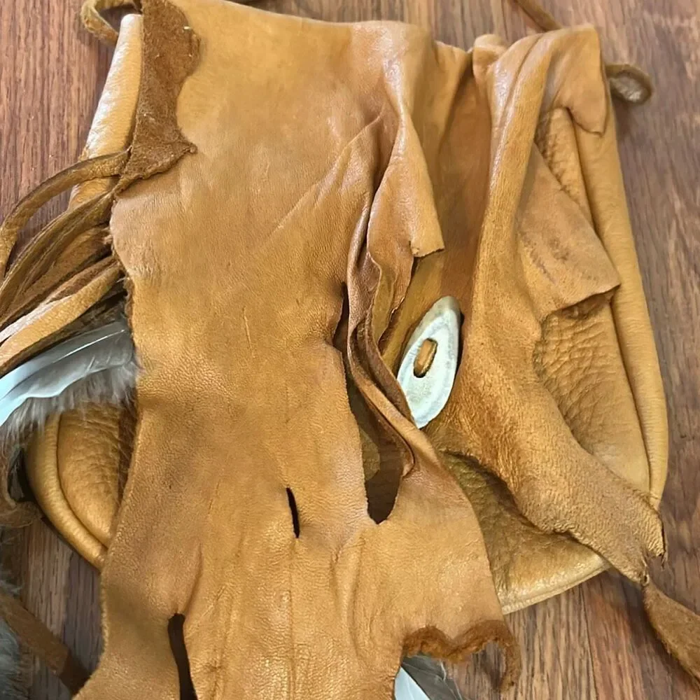 Native American vintage leather feather pouch tribal bag handmade